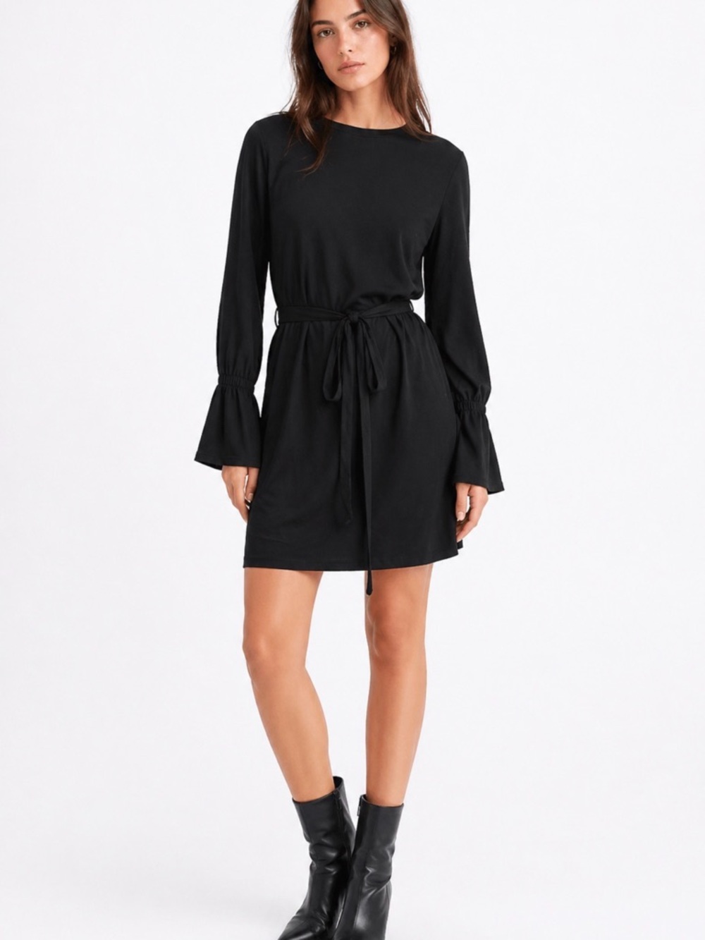 Zara Trafaluc Black Long-Sleeve Tie-Waist Mini Dress size L NWT